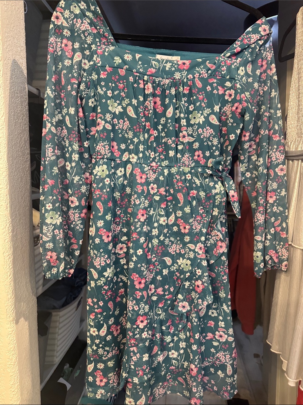 Francesca's Collections Teal Floral Dress with Pink and Cream Flowers